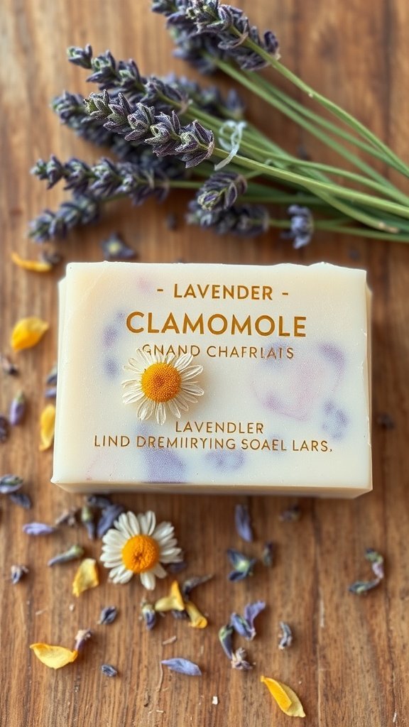 Uma barra de sabonete de lavanda e camomila com raminhos de lavanda e flores de camomila