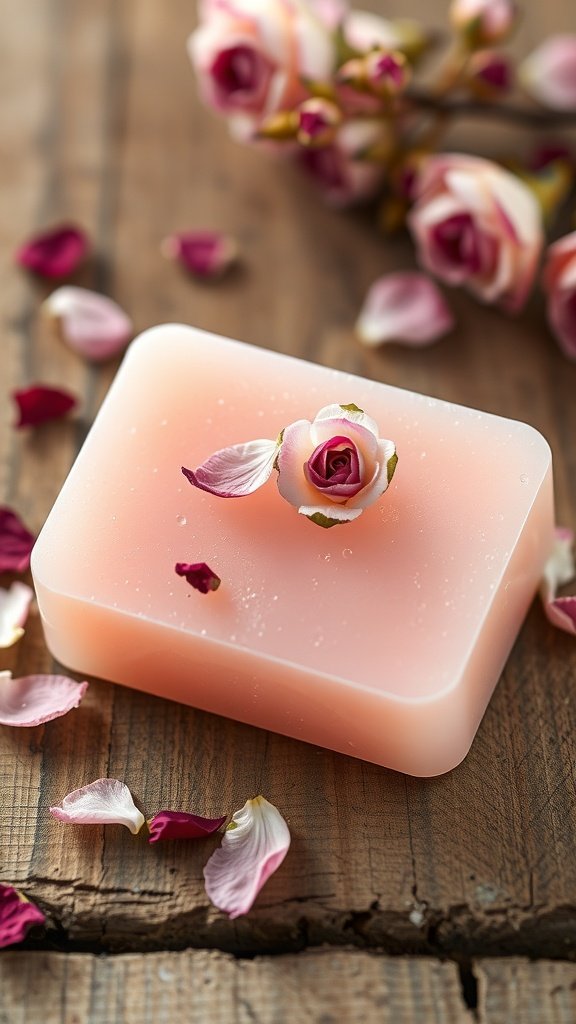 Um sabonete rosa com uma rosa no topo, cercada por pétalas de rosa sobre uma superfície de madeira.
