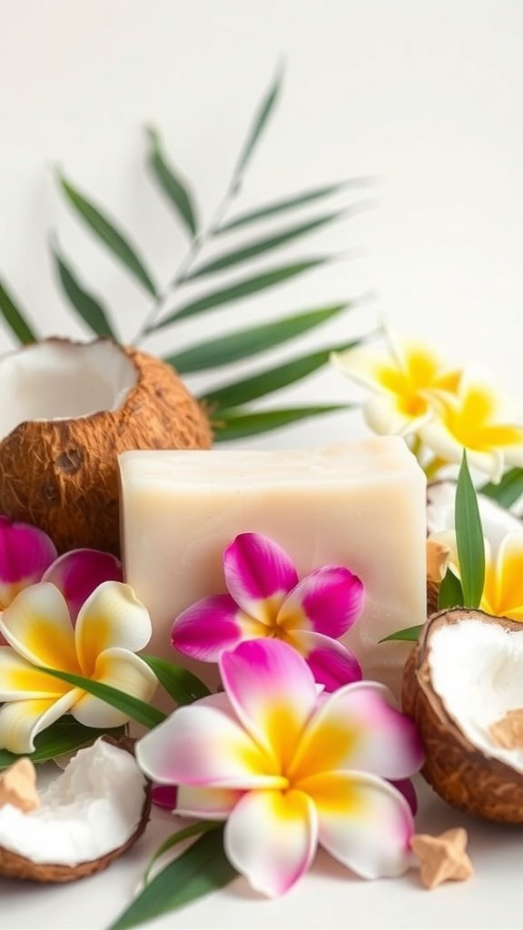 Uma barra de sabão cercada por metades de coco e flores coloridas, representando o aroma de ylang ylang e creme de coco.