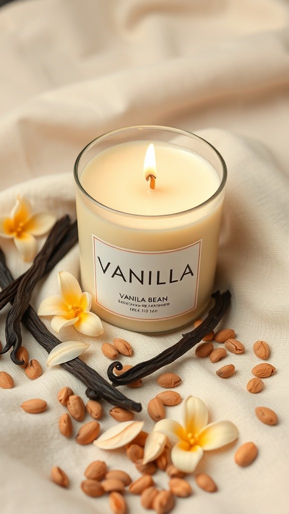 A vanilla bean scented candle surrounded by vanilla pods, almond pieces, and flowers.