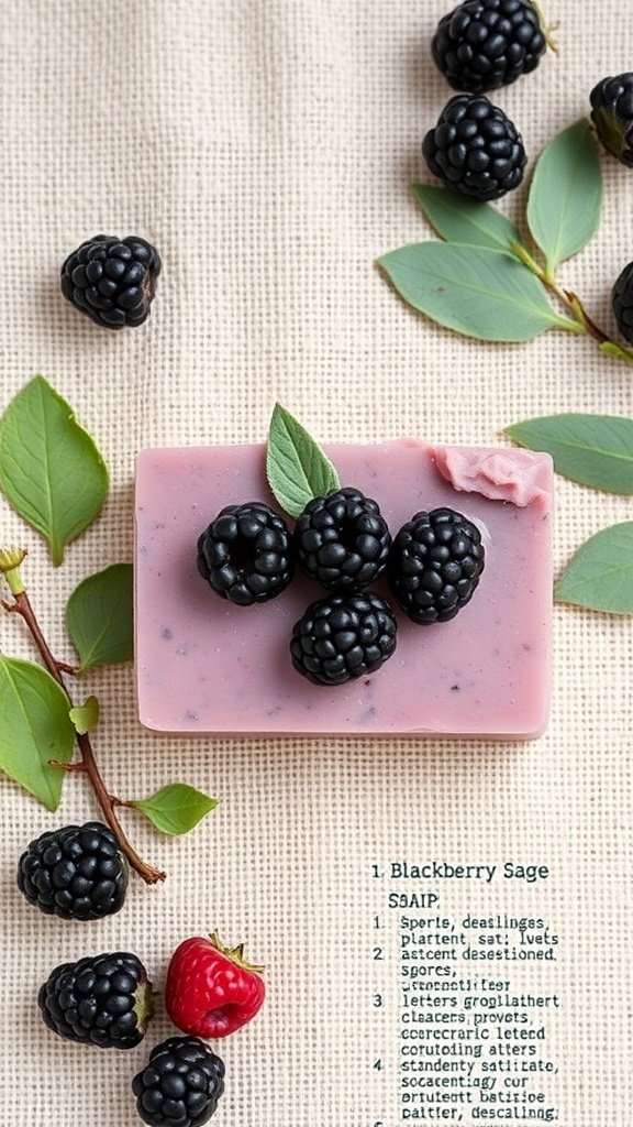 Uma barra de sabonete Blackberry Sage coberta com amoras e folhas de sálvia, destacando sua cor vibrante e ingredientes naturais.