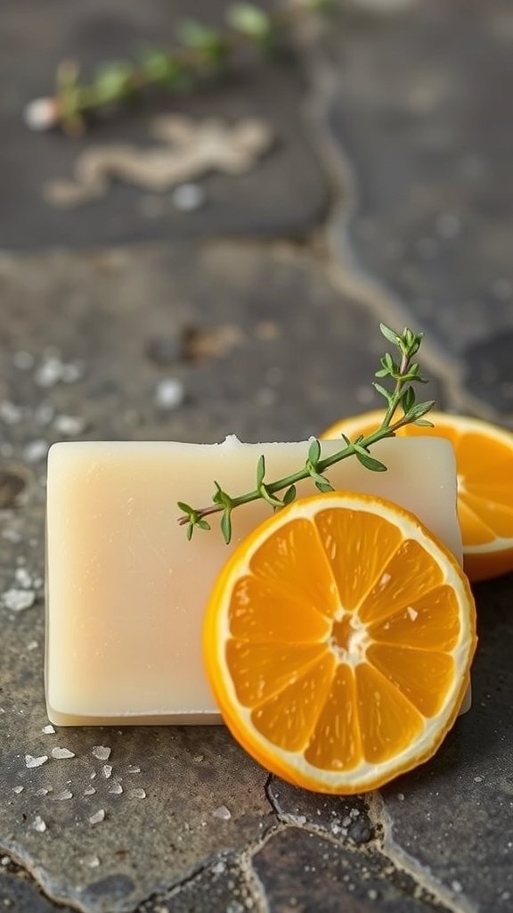 Uma barra de sabão com uma fatia de laranja e ramos de tomilho em uma superfície rústica.