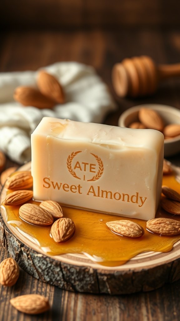 Uma barra de sabonete de amêndoa doce cercada por amêndoas e mel em uma bandeja de madeira.
