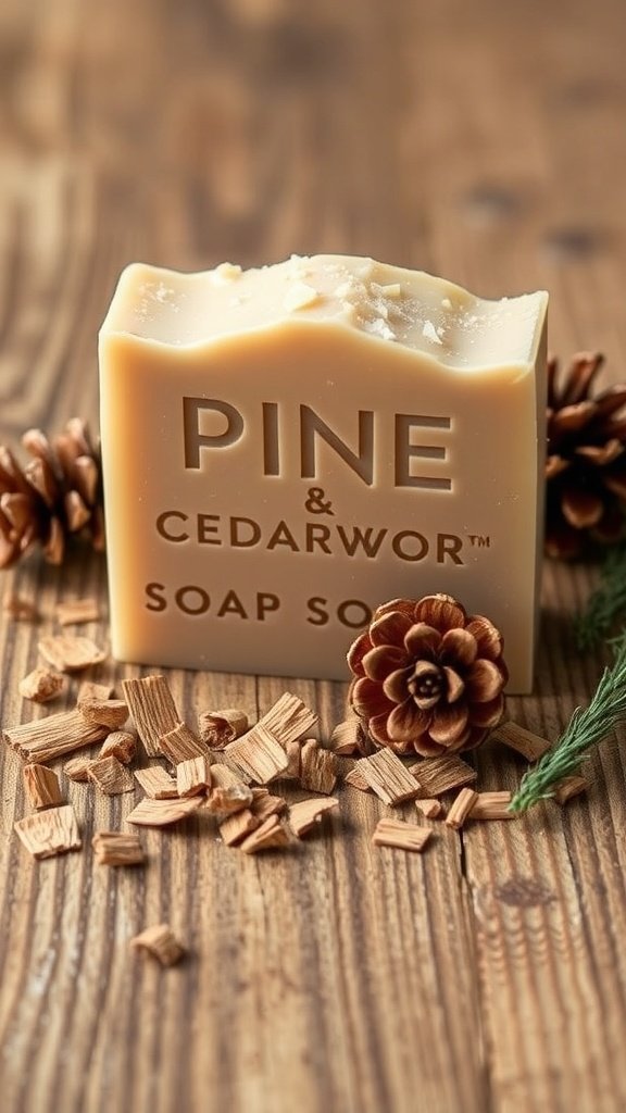 Uma barra de sabão de pinho e cedro cercada por aparas de madeira e uma pinha sobre uma superfície de madeira.