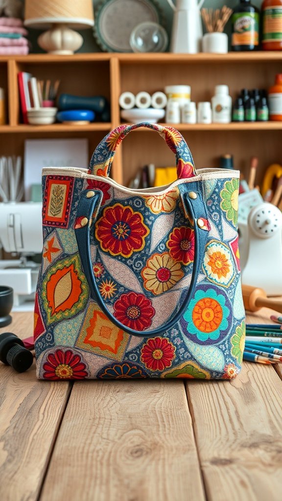 Una bolsa de mano colorida con motivos florales, colocada sobre una mesa de madera con suministros de costura en el fondo.