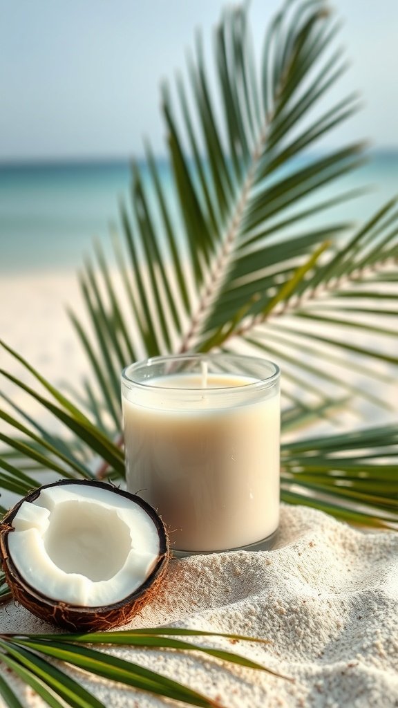 A coconut-scented candle beside a coconut shell on a sandy beach with palm leaves.