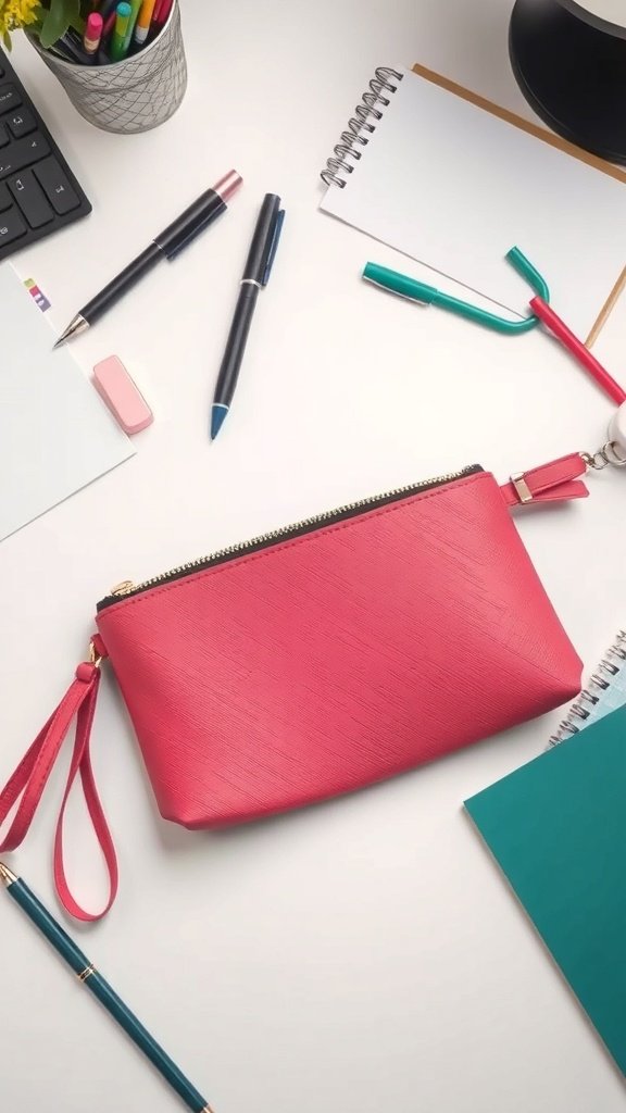 Una bolsa con cremallera de color rosa brillante colocada sobre un escritorio rodeada de bolígrafos, cuadernos y otros artículos de papelería.