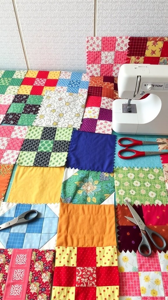 Una colorida variedad de cuadrados de colcha hechos con una máquina de coser y tijeras.