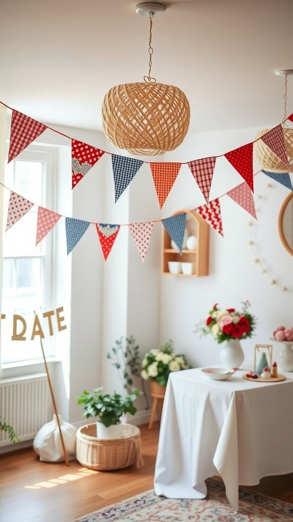 Banderines de tela de colores colgados en una habitación luminosa con elementos decorativos.