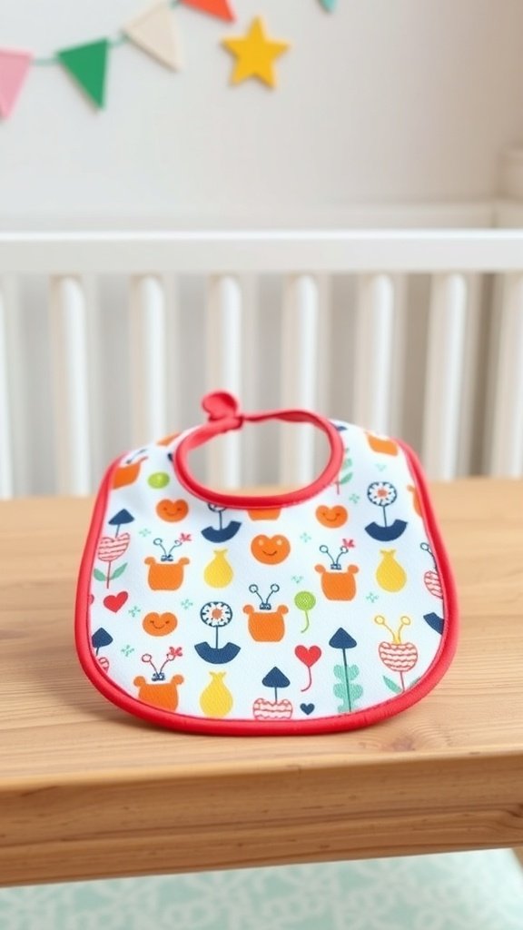 Babero de bebé colorido con motivos florales y de corazones sobre una mesa de madera