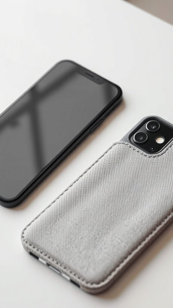 Una funda de tela sencilla para teléfono junto a un teléfono inteligente sobre una mesa.