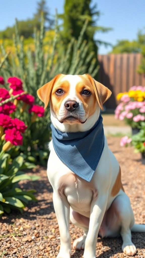 Un perro con un pañuelo azul sentado en un jardín con flores de colores.