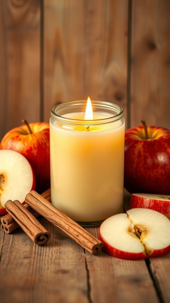 A lit scented candle surrounded by fresh apples and cinnamon sticks on a wooden surface.