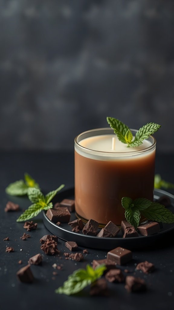 A scented candle with chocolate and mint, surrounded by chocolate pieces and mint leaves.