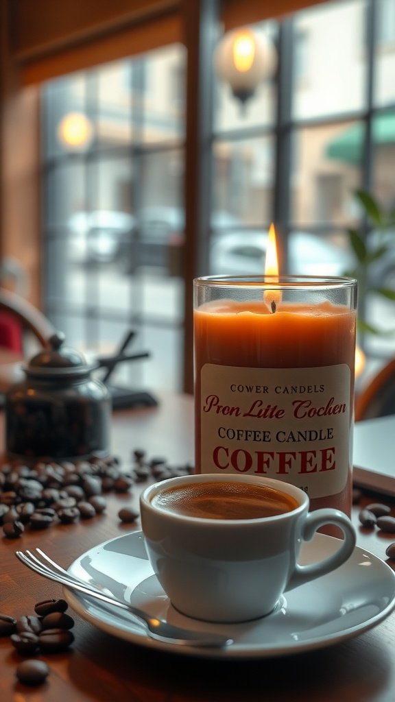 A coffee-scented candle next to a cup of coffee on a table