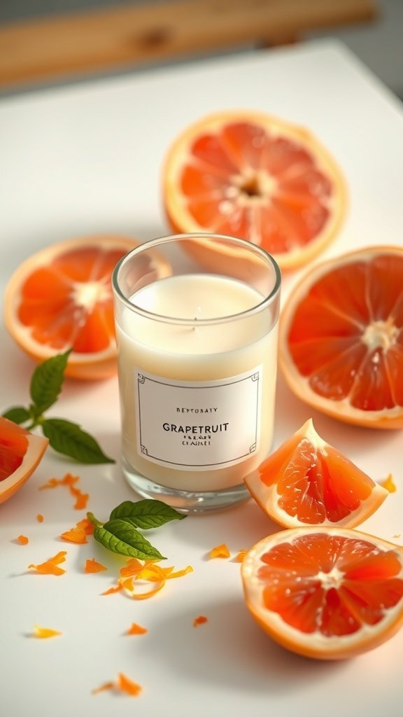 A grapefruit-scented candle surrounded by fresh grapefruit halves and green leaves.