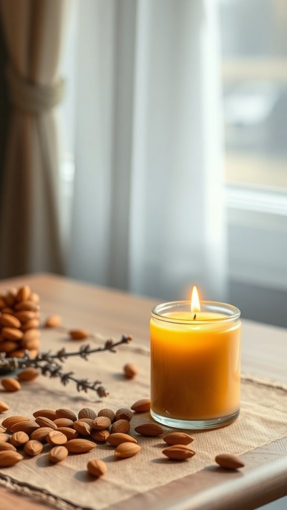 A lit honey almond scented candle surrounded by almonds and lavender sprigs on a table.