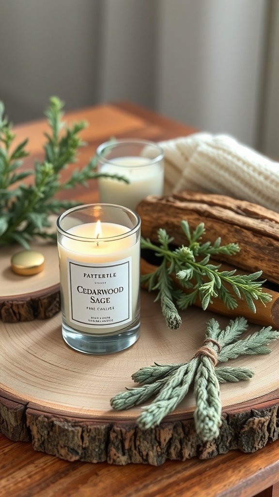 A scented candle labeled Cedarwood Sage, surrounded by cedarwood sticks and sage leaves on a wooden surface.