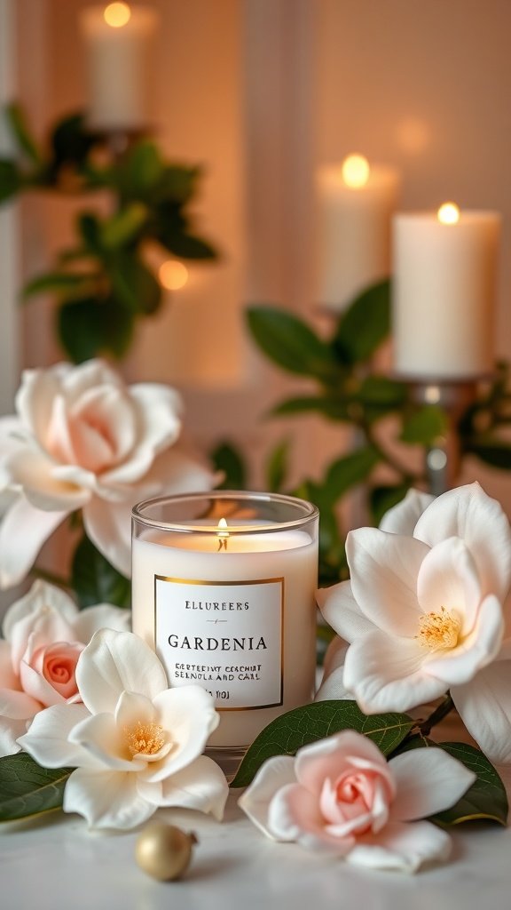 A gardenia scented candle surrounded by fresh gardenia flowers and soft lighting.