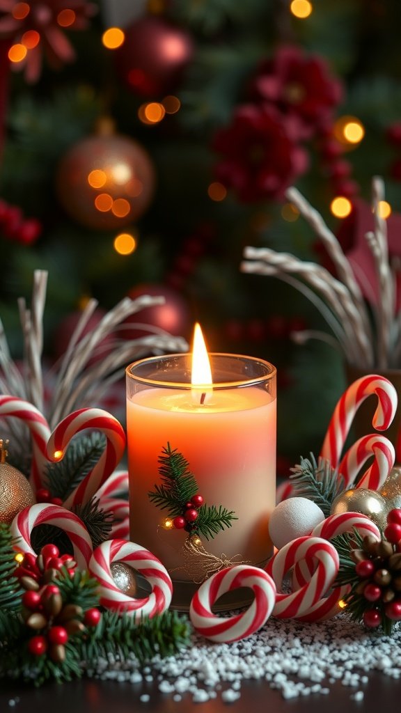 A peppermint scented candle surrounded by holiday decorations, including candy canes and ornaments.
