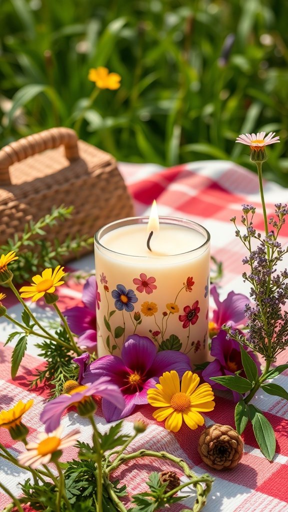 A scented candle surrounded by colorful wildflowers on a picnic blanket.
