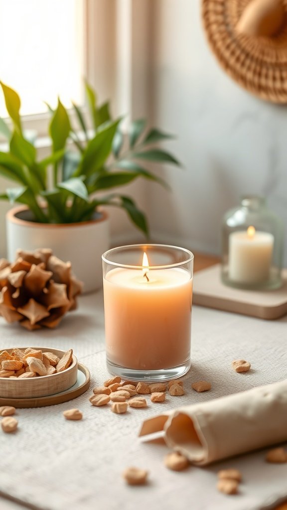 A beautifully lit sandalwood scented candle surrounded by natural decor elements.
