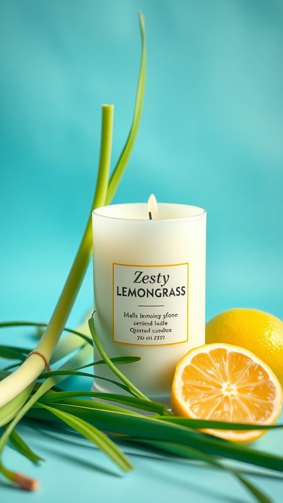 A scented candle labeled 'Zesty Lemongrass' surrounded by fresh lemongrass and a lemon.