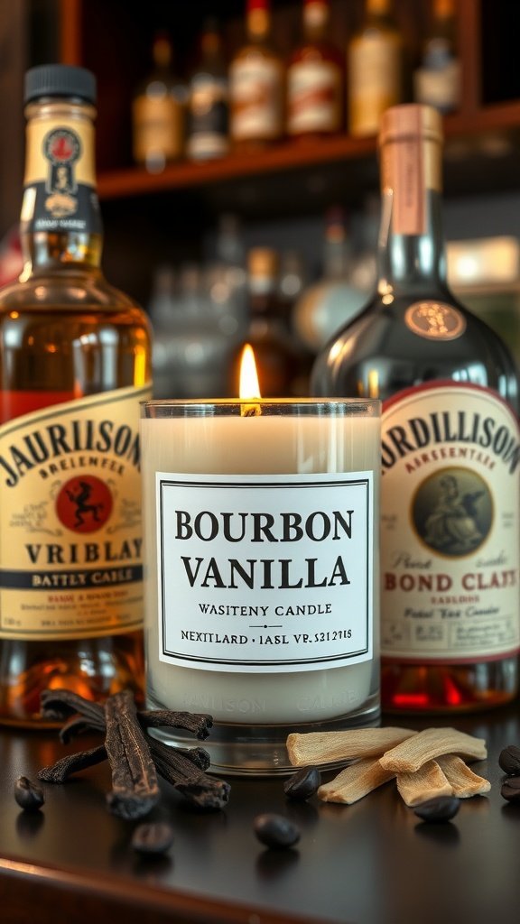 A Bourbon Vanilla candle surrounded by vanilla pods and coffee beans, with bottles of bourbon in the background.