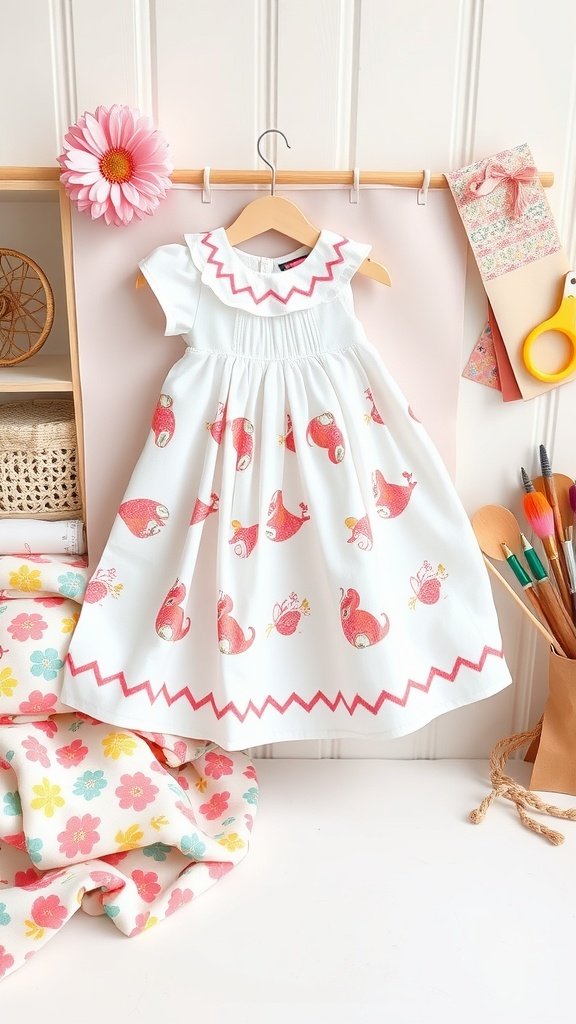 Un lindo vestido de bebé con cuello festoneado y patrones divertidos, exhibido en una percha con una tela colorida en el fondo.