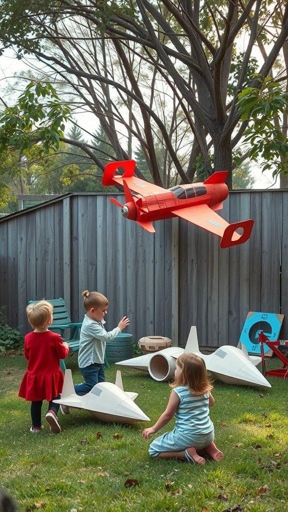 Niños jugando con naves espaciales de papel maché en un patio trasero.
