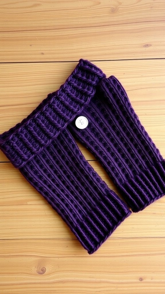 Una diadema tejida en punto alpino de color morado expuesta sobre una superficie de madera.