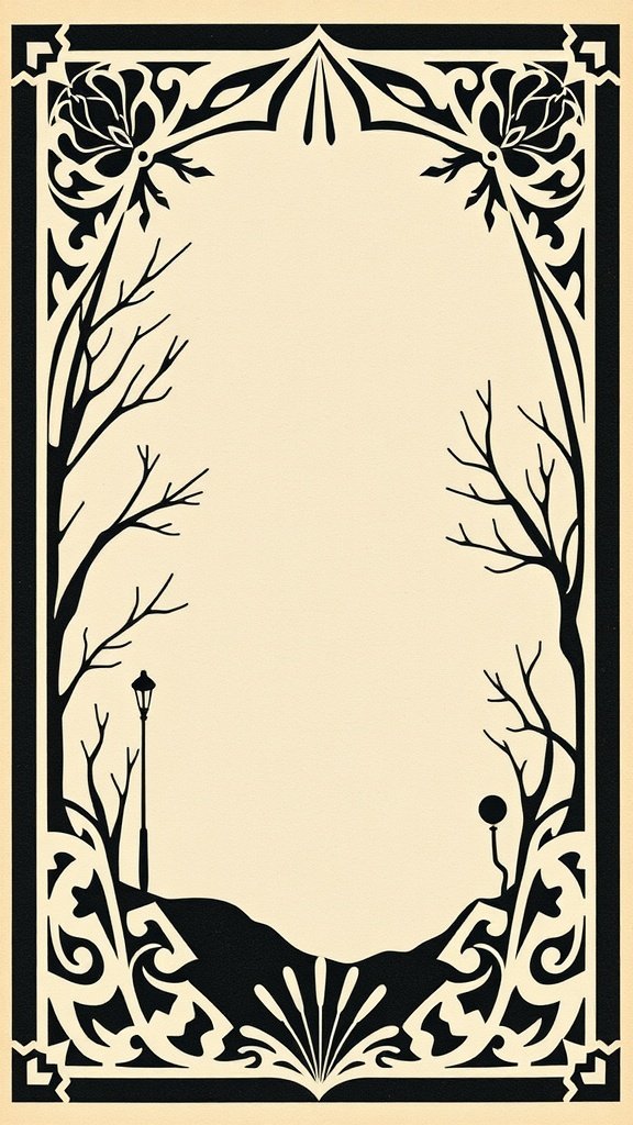 Un diseño de tarjeta decorativa con elementos Art Decó, como flores y árboles estilizados en negro y crema.