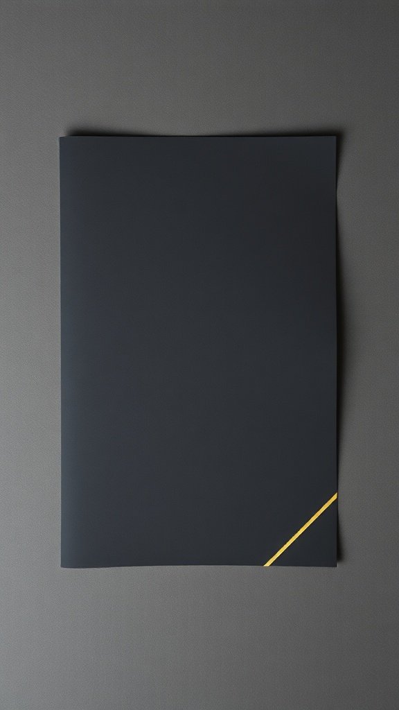 Un diseño de tarjeta minimalista con una cubierta oscura y una línea de acento amarilla.