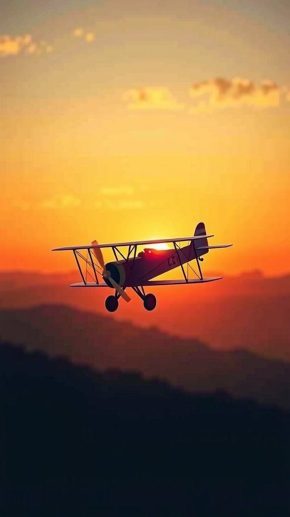 Un biplano nostálgico volando en el cielo del atardecer.