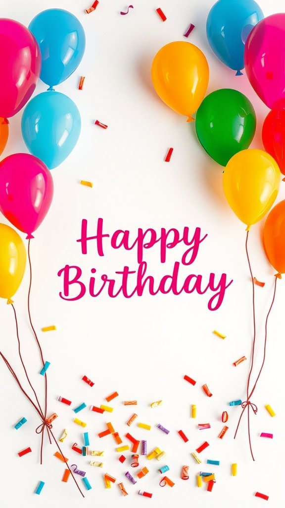 Plantilla de arte con globos de cumpleaños coloridos con confeti y texto "Feliz cumpleaños".