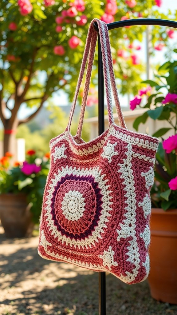 Un hermoso bolso de mano boho-chic tejido a crochet con un diseño circular, colgado en un jardín lleno de flores de colores.