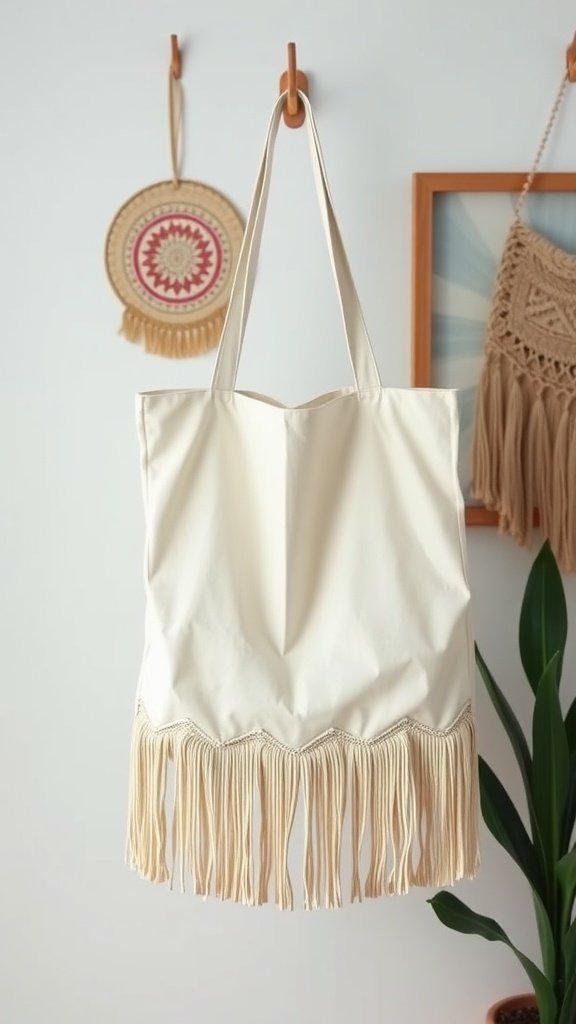 Un bolso de mano de color crema con flecos colgado en una pared.