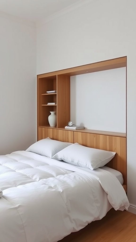 Minimalist bedroom with a built-in headboard that features storage shelves.