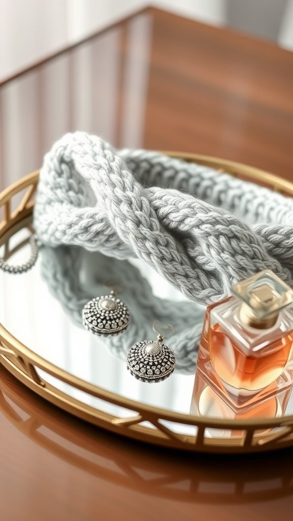 Una diadema de punto gris con hilo metálico exhibida en una bandeja reflectante junto a aretes y perfume.