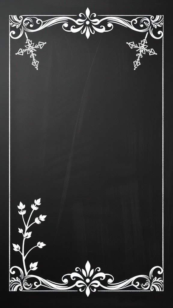 Tarjeta estilo pizarra con bordes decorativos blancos sobre fondo negro.