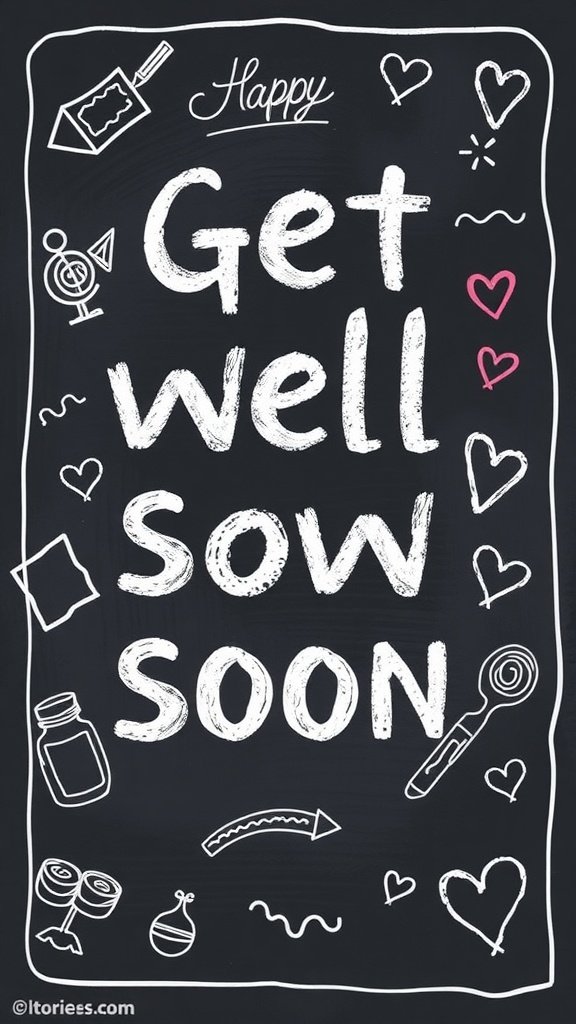 Tarjeta de pronta recuperación en estilo pizarra con garabatos y fuentes divertidas