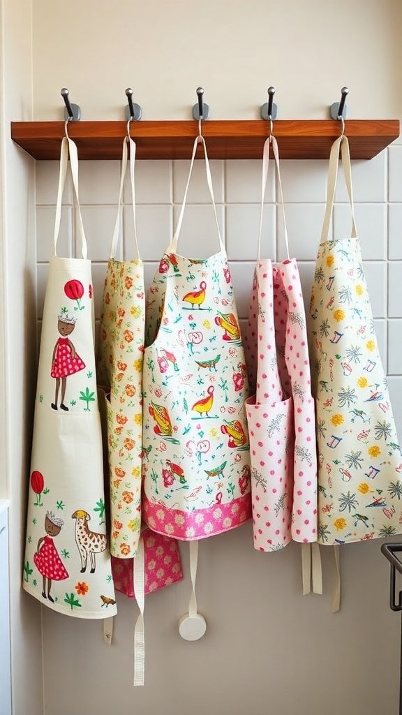 Una colección de delantales coloridos colgados en un perchero, con diseños y patrones divertidos.