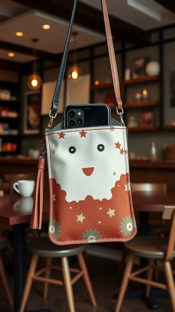 Una elegante funda para teléfono con un diseño alegre, ideal para colgar en un acogedor ambiente de cafetería.