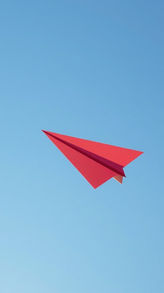 Un avión de papel rojo volando contra un cielo azul.