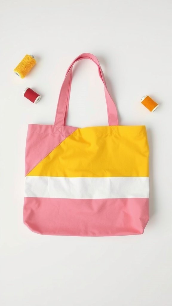 Una bolsa de mano con bloques de colores con secciones en amarillo, rosa y blanco rodeadas de carretes de hilo.