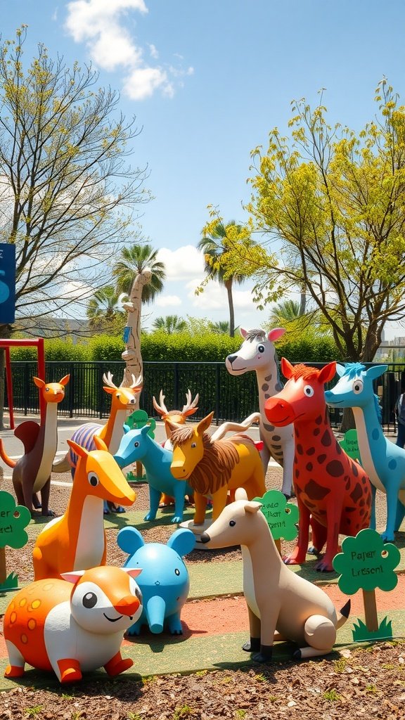 Animales coloridos de papel maché exhibidos al aire libre, mostrando varios diseños divertidos.