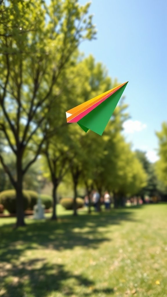 Un avión de papel colorido volando por un parque con árboles al fondo.