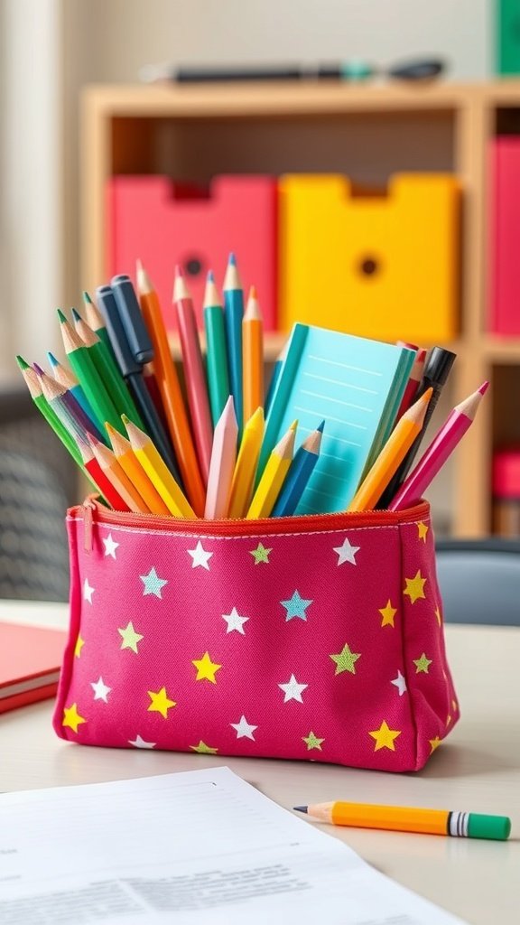 Un estuche colorido lleno de lápices y bolígrafos de distintos colores, colocado sobre un escritorio.