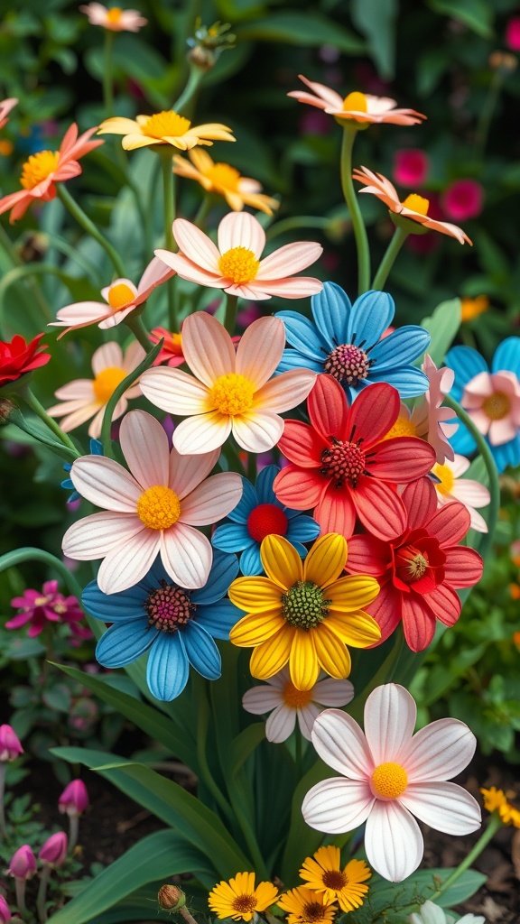 Un arreglo vibrante de coloridas flores de papel maché en varias formas y tamaños.