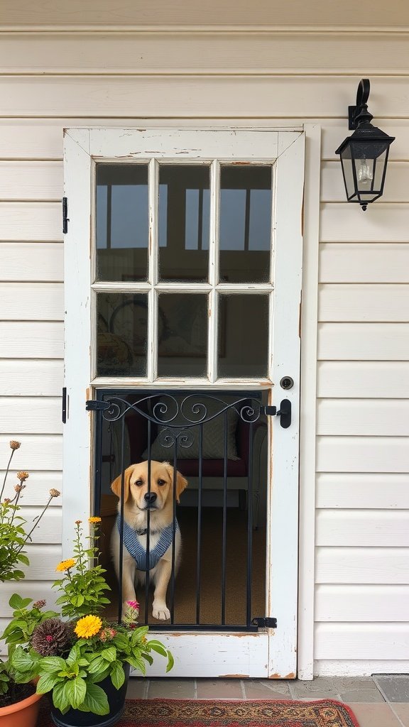 Ventana vieja reconvertida en puerta para mascotas, con un perro detrás de ella.